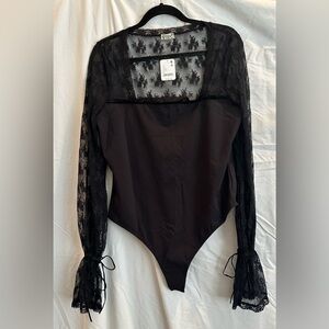 Free People Black Lace Sleeve Bodysuit